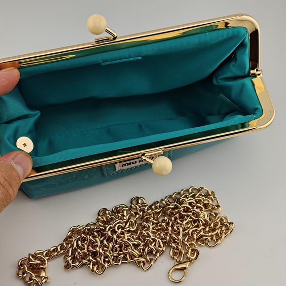 Miu Miu Clutch Bag Womens Mini Teal Green Faux Leather Chain Strap Box Set New - Picture 7 of 11